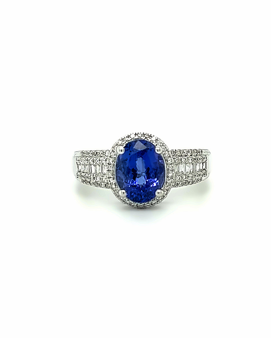 14KT WHITE GOLD TANZANITE AND DIAMONDS LADIES RING