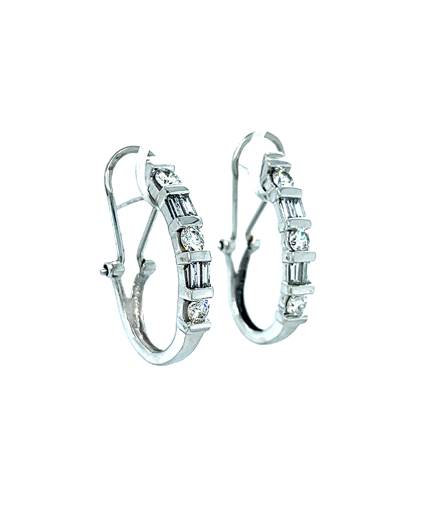 14KT WHITE GOLD ROUND AND BAGUETTE DIAMOND EARRINGS OMEGA BACK