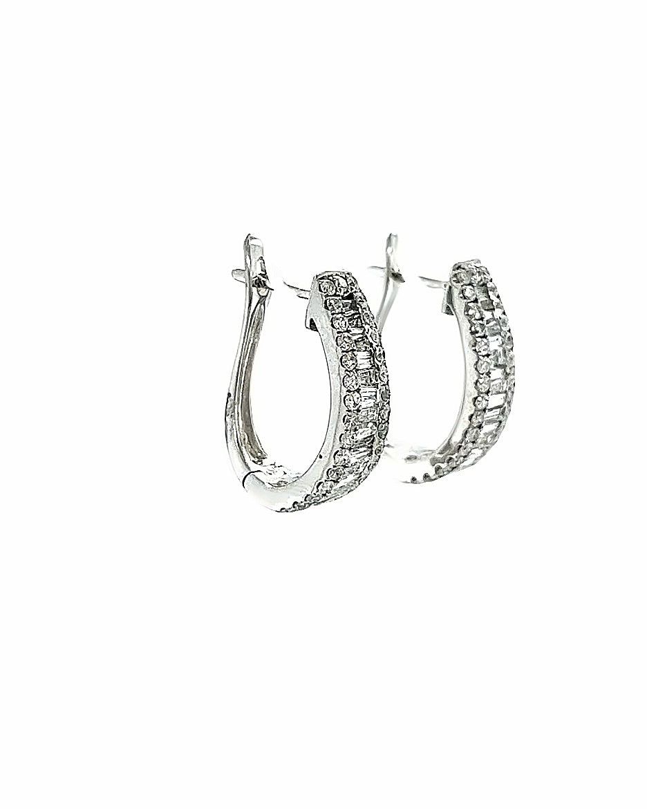 14KT WHITE GOLD ROUND AND BAGUETTE DIAMOND EARRINGS ELONGATED SHAPE
