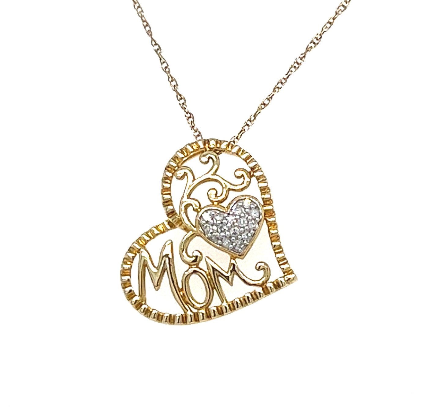 10KT YELLOW GOLD DIAMOND HEART MOM PENDANT