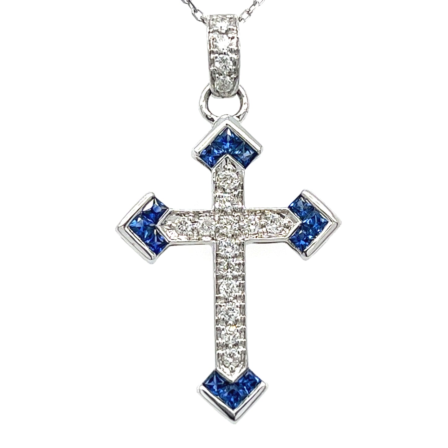 14KT WHITE GOLD DIAMOND AND SAPPHIRE CROSS PENDANT