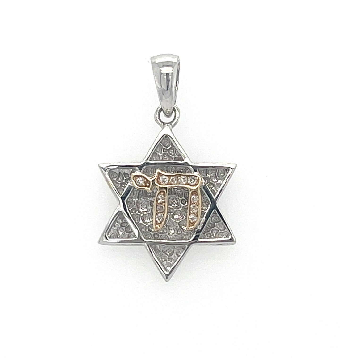 14KT WHITE GOLD DIAMOND DAVID STAR WITH CHAI PENDANT