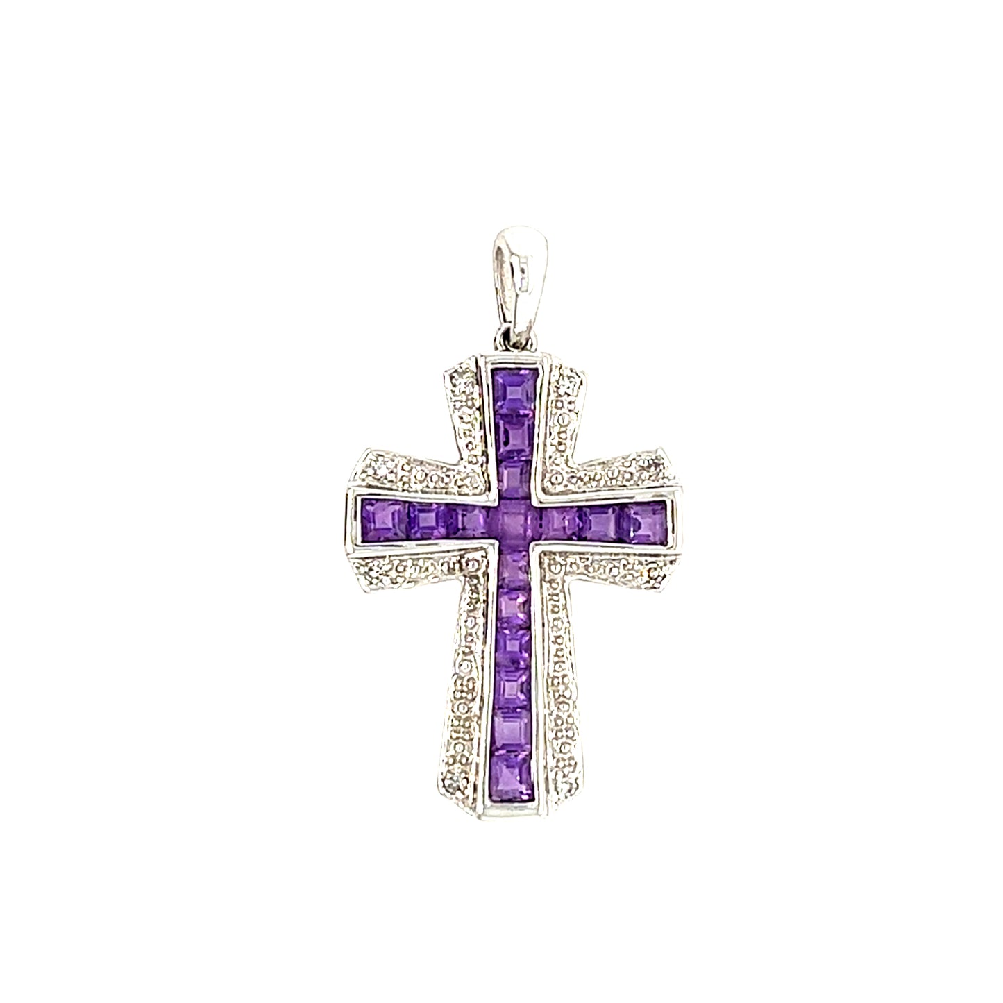 14KT WHITE GOLD DIAMOND AND AMETHYST CROSS PENDANT