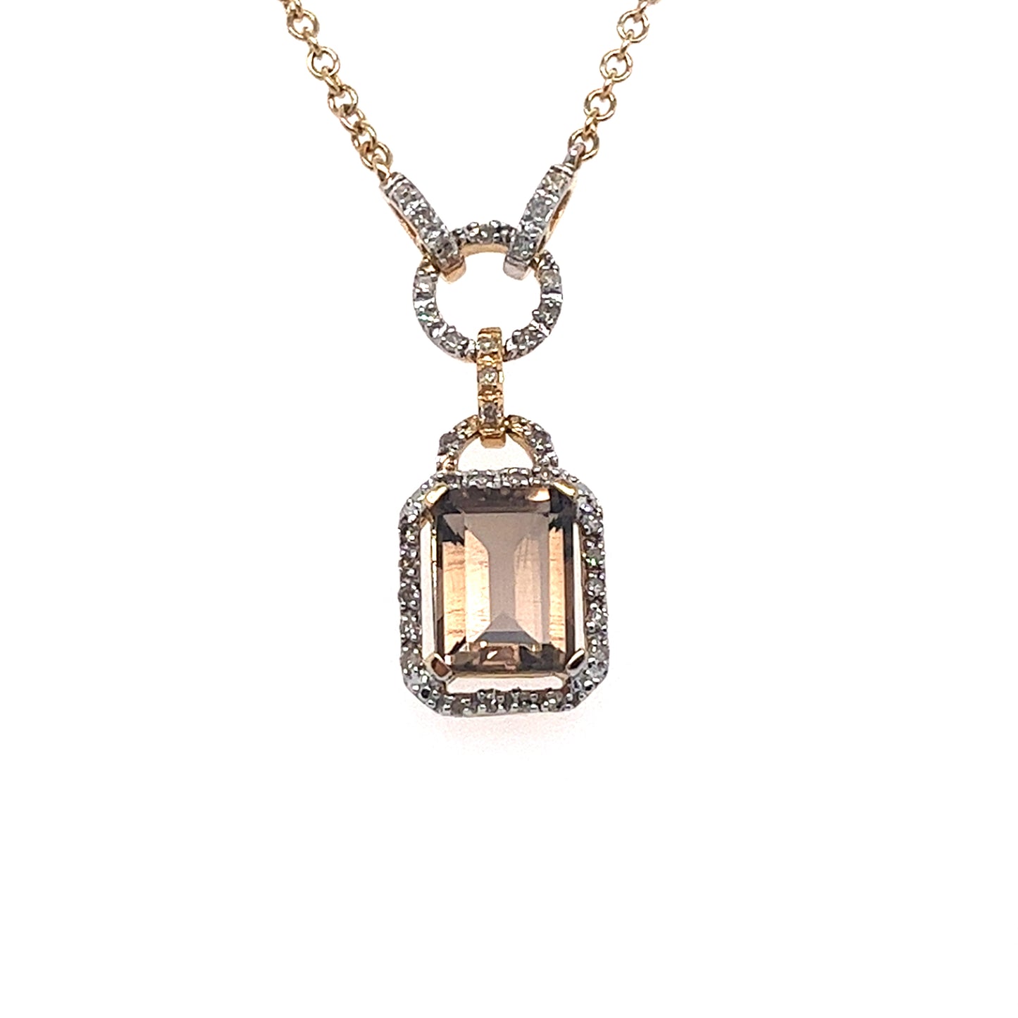 14KT YELLOW GOLD DIAMOND AND EMERALD SHAPE STONE IN THE CENTER NECKLACE