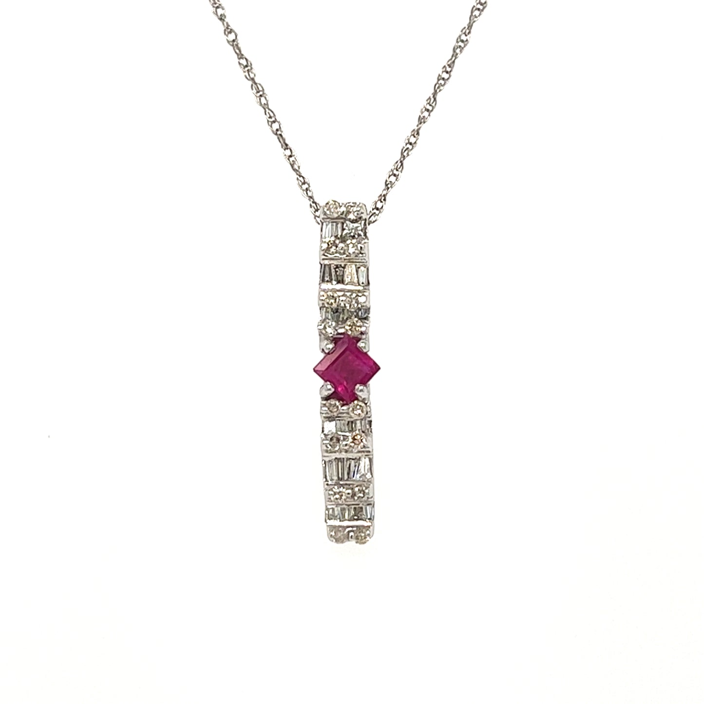 14KT WHITE GOLD DIAMOND AND RUBY WATERFALL PENDANT
