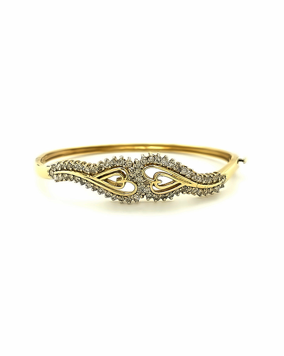14KT YELLOW GOLD DIAMOND HEARTS ANTIQUE LOOK BANGLE