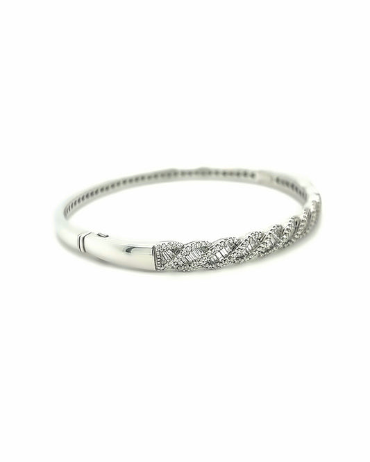 14KT WHITE GOLD DIAMOND ROUND AND BAGUETTE TWISTED BANGLE
