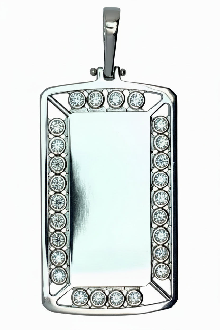 14 KT - White Gold Mens Diamond Dog Tag Pendant with Motion Bezel Diamonds - 2.78 Ctw