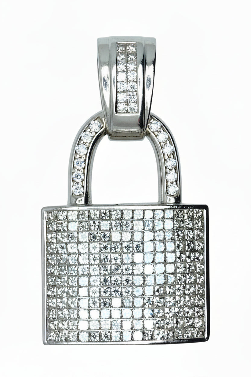 14 KT - White Gold Padlock Diamond Pendant - 8.50 CT