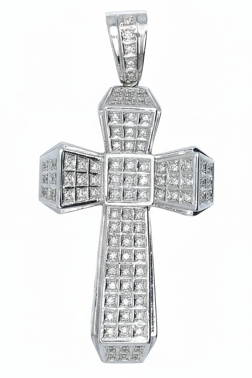 14KT - White Gold Mens Diamond Cross Pendant - 1.86Ctw
