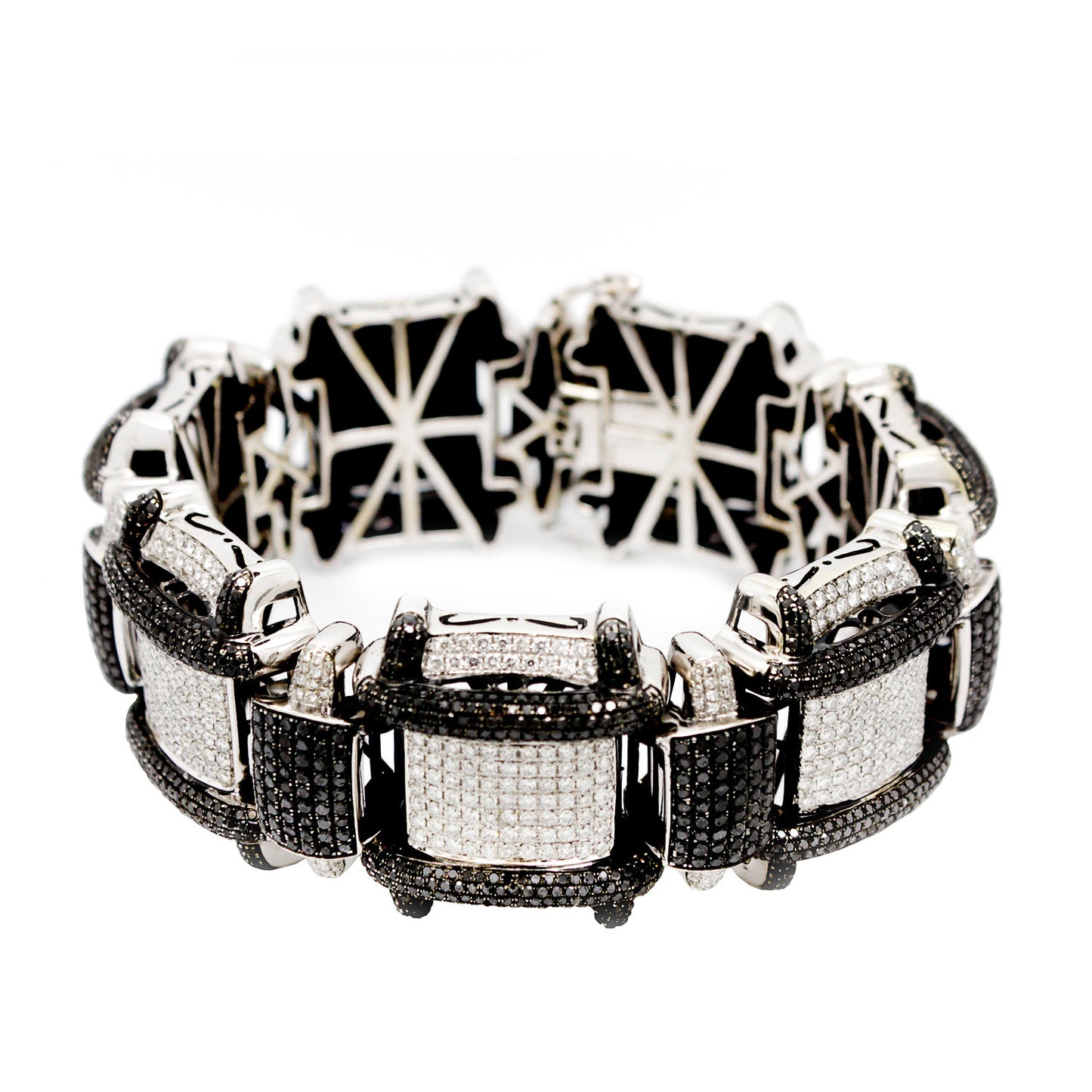 14K White Gold Men`s Bracelet Italian Custom Made 12.64Ct Diamonds 23.48Ct Black