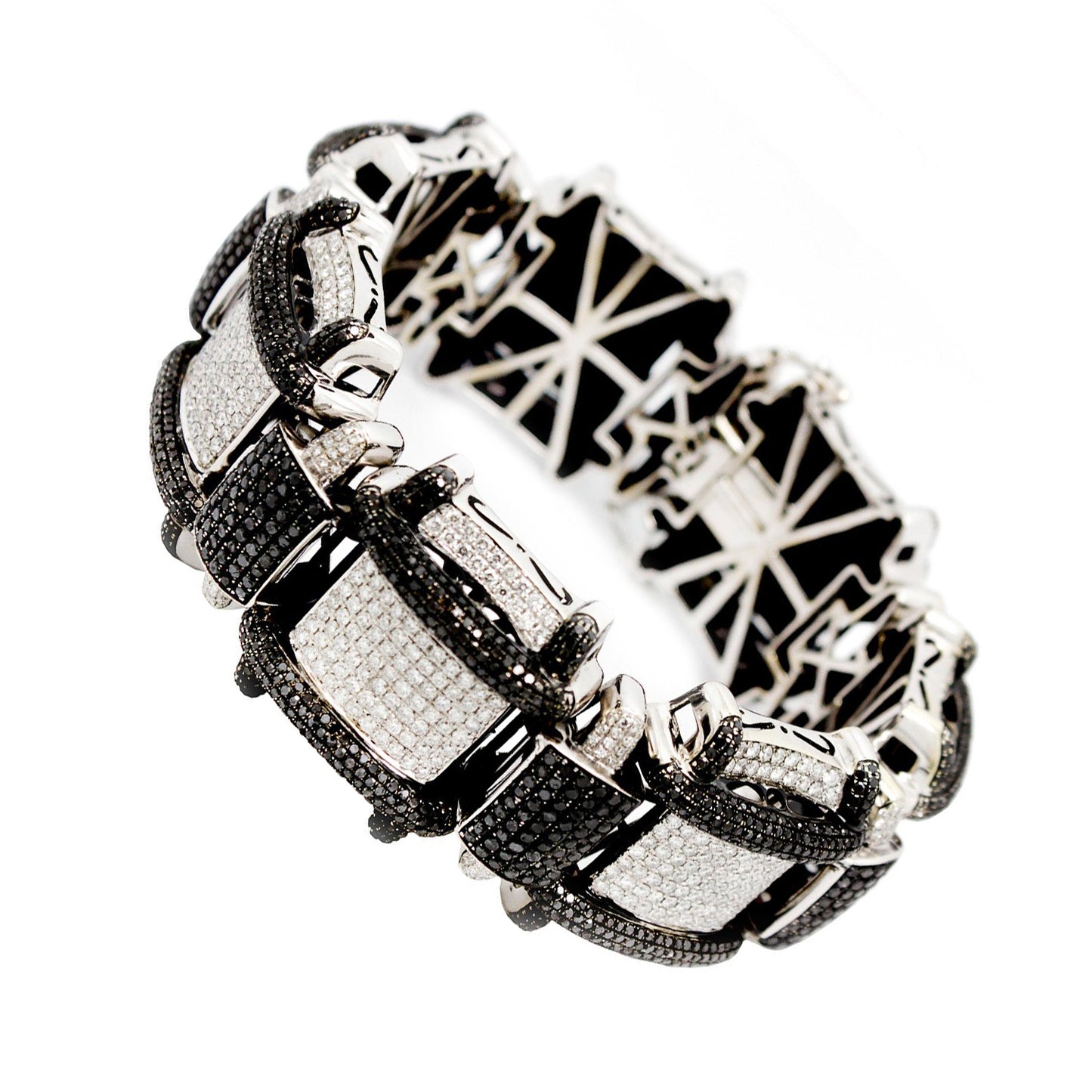 14K White Gold Men`s Bracelet Italian Custom Made 12.64Ct Diamonds 23.48Ct Black