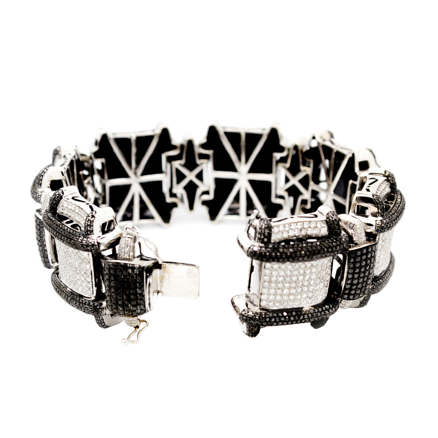 14K White Gold Men`s Bracelet Italian Custom Made 12.64Ct Diamonds 23.48Ct Black