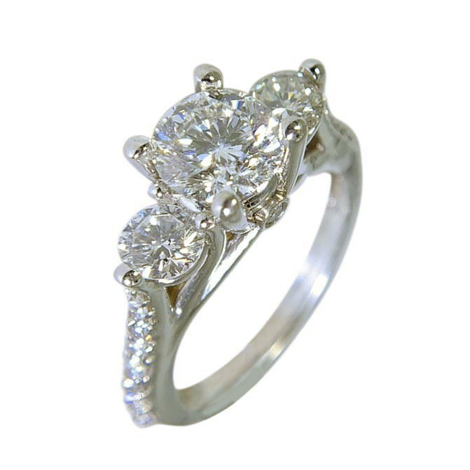 14 KT WHITE GOLD - 3 STONES DIAMOND ENGAGEMENT RING - 2.37CT