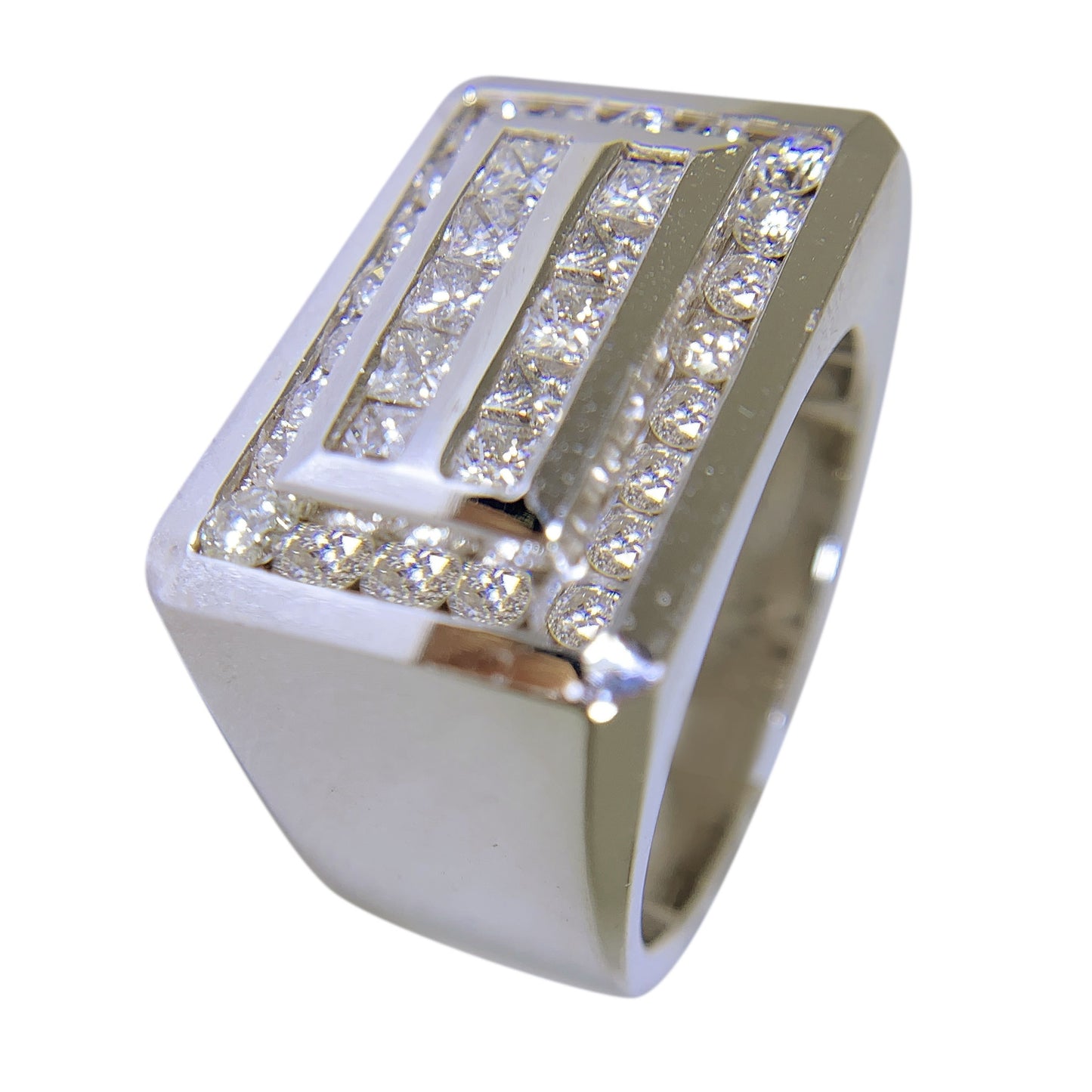 14 KT WHITE GOLD - ROUND & PRINCESS DIAMOND MENS RING - 2.54 CT