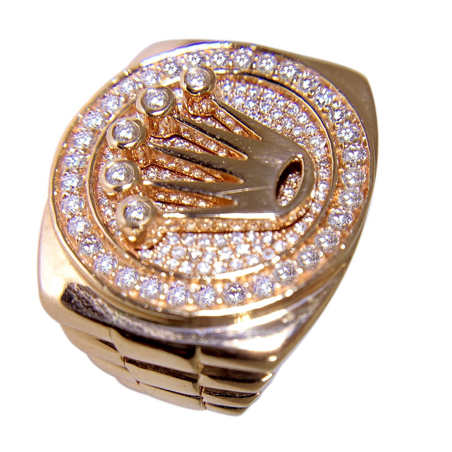 14 KT ROSE GOLD - CROWN ROLEX DESIGN RING WITH ROUND DIAMONDS - 3.0 CT