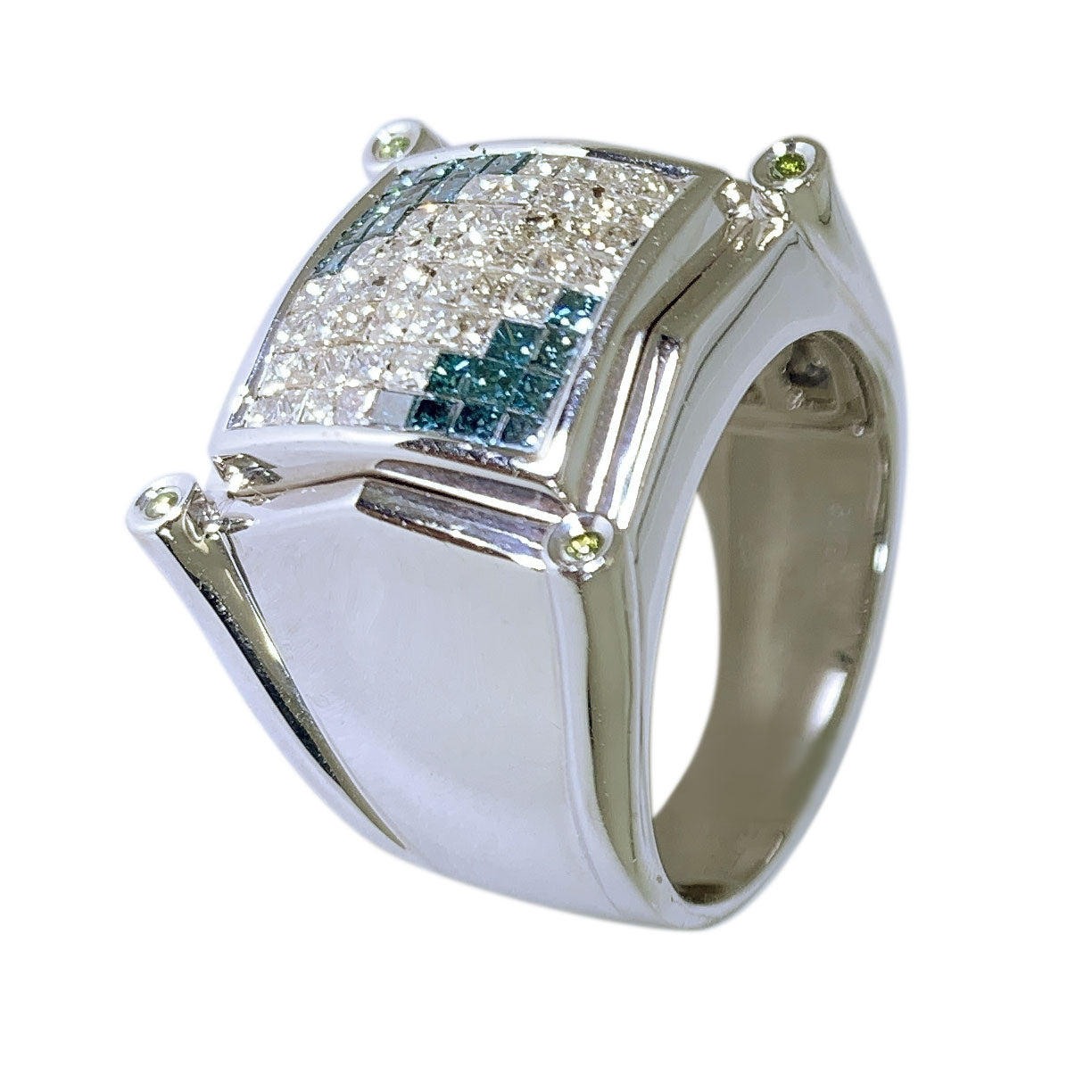 14 KT WHITE GOLD - WHITE & BLUE PRINCESS DIAMOND MENS RING - 1.49 CT