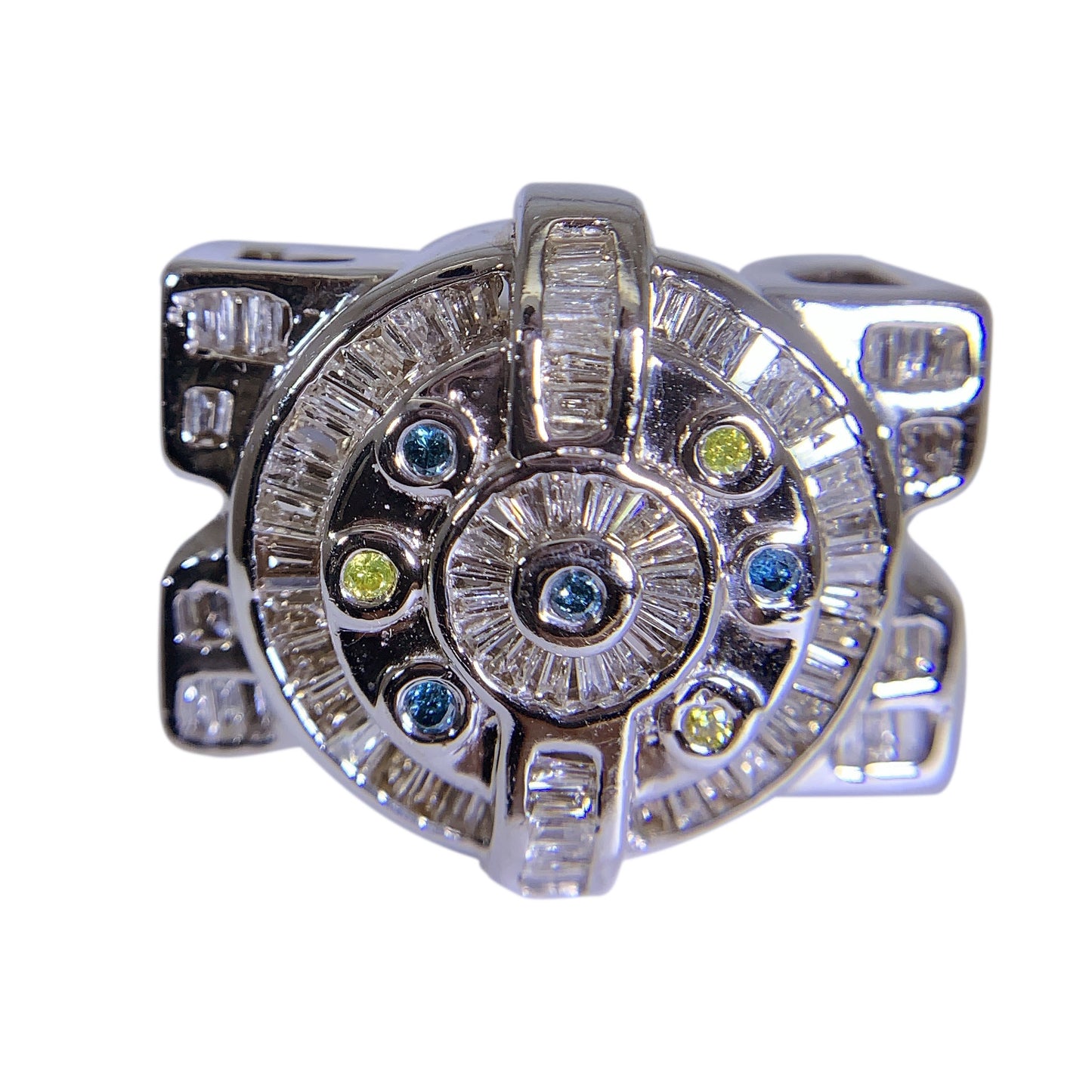 14 KT WHITE GOLD - BEAUTIFUL PINKY RING WITH YELLOW AND BLUE DIAMONDS - 2.31 CT