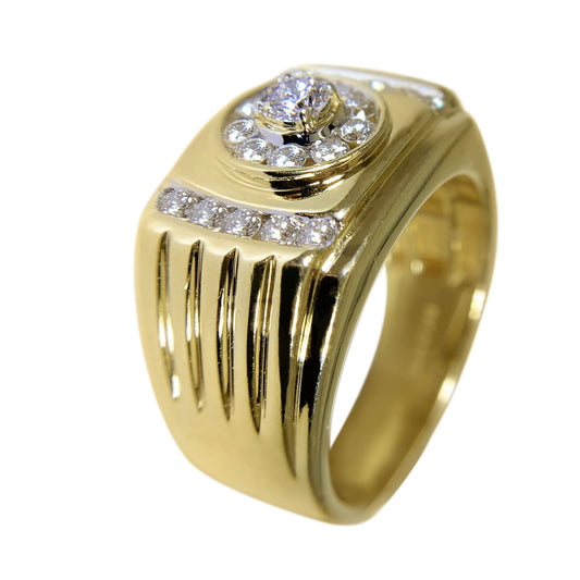 10 KT YELLOW GOLD - FABULOUS MENS RING WITH ROUND DIAMONDS - 0.74 CT