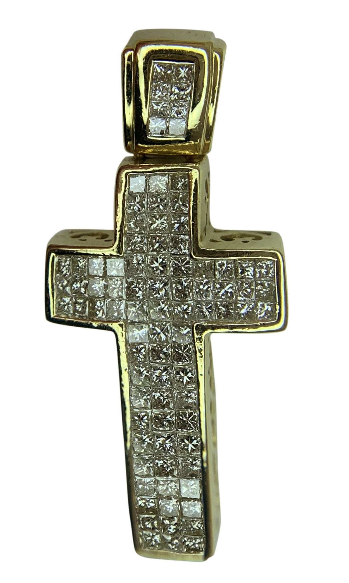 14 KT YELLOW GOLD - PRINCESS DIAMOND CROSS PENDANT - 1.68 CT