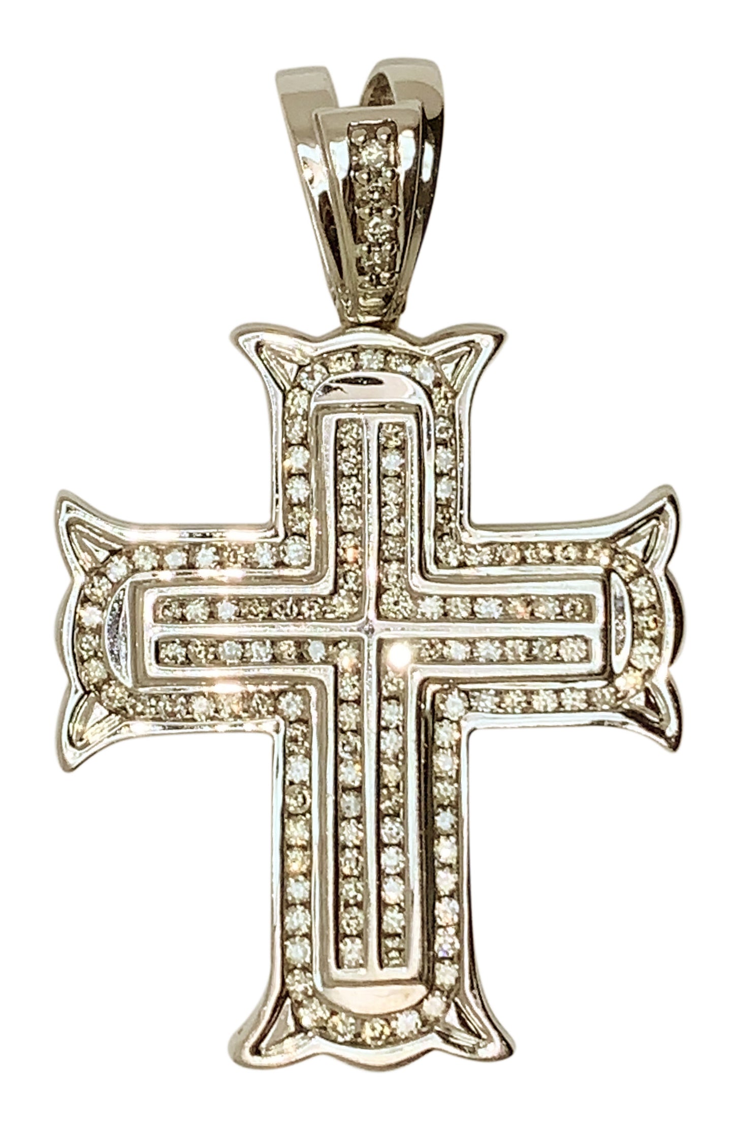 14 KT WHITE GOLD - ROUND DIAMOND CROSS FLEURY PENDANT MEN - 2.89 CT