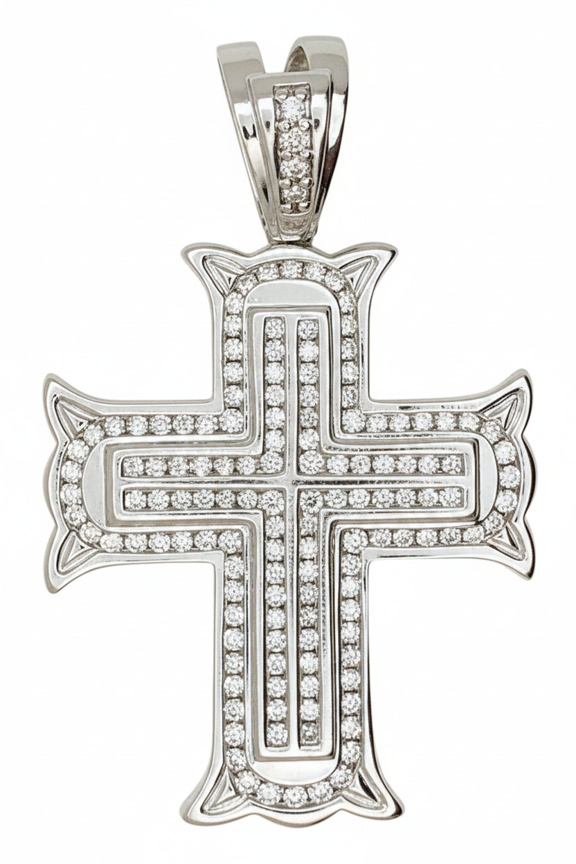 14 KT WHITE GOLD - ROUND DIAMOND CROSS FLEURY PENDANT MEN - 2.89 CT