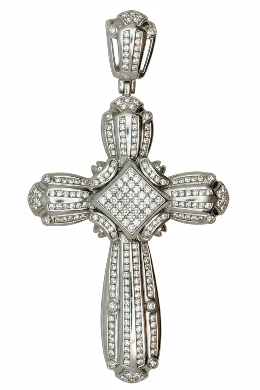 14 KT WHITE GOLD LUXURY CROSS DIAMOND PENDANT MEN - 6.78 CT