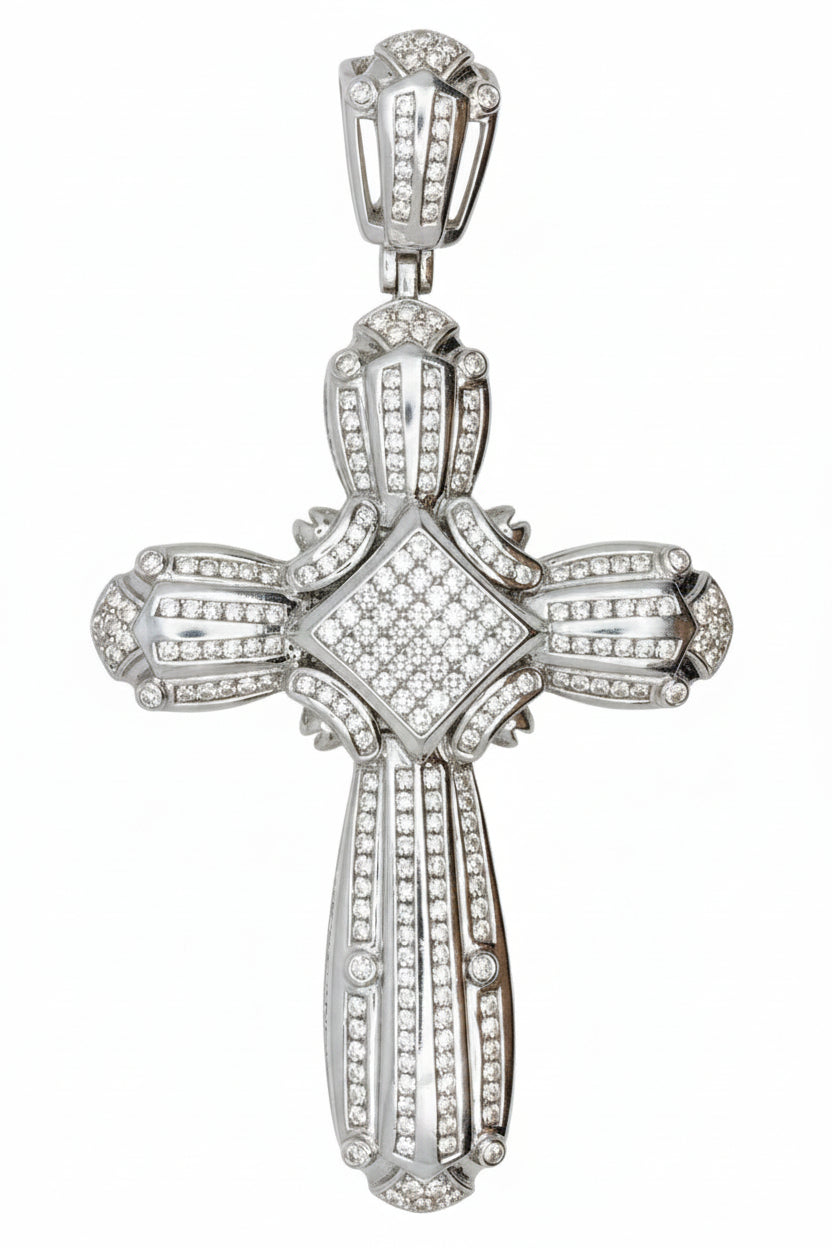 14 KT WHITE GOLD LUXURY CROSS DIAMOND PENDANT MEN - 6.78 CT