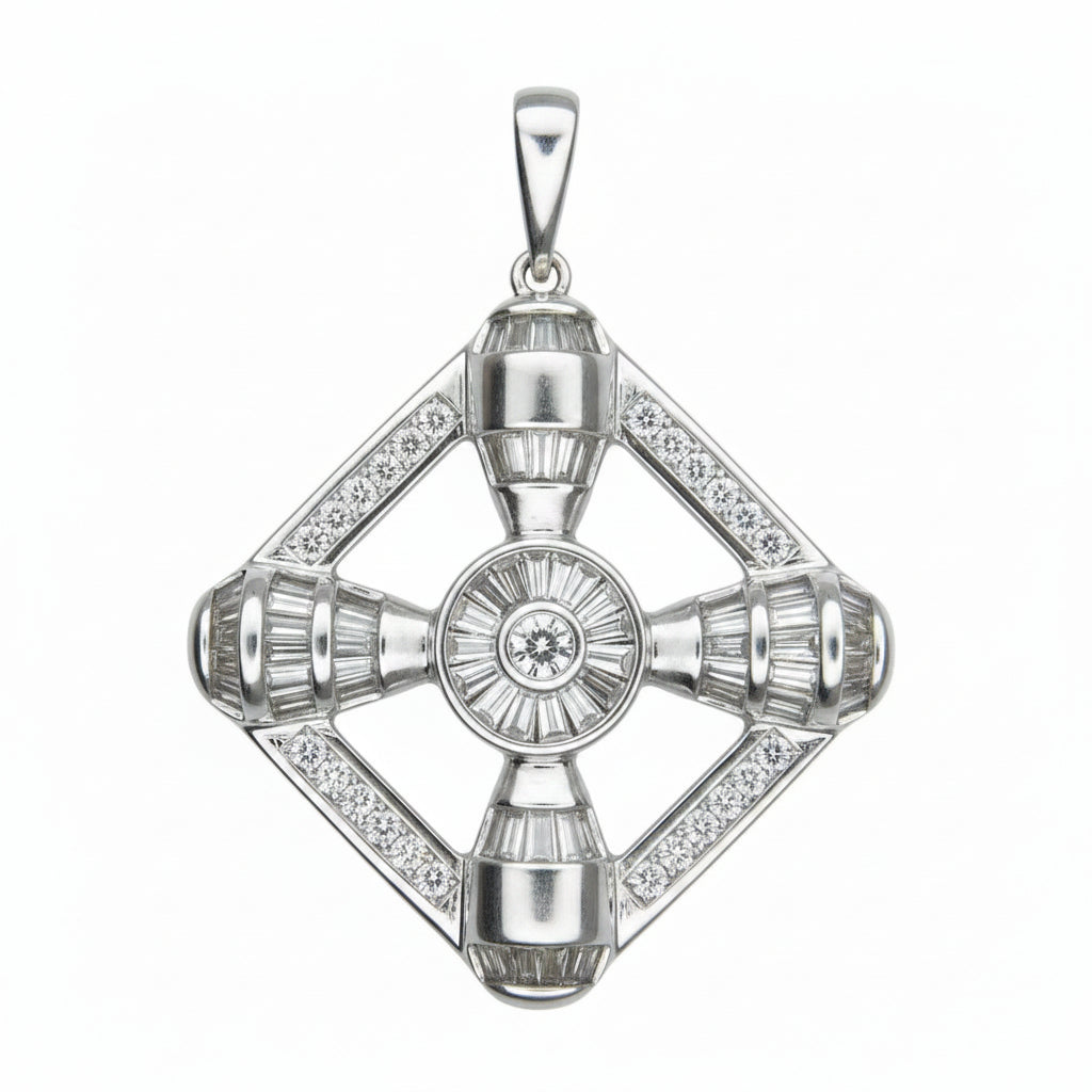 14 KT WHITE GOLD - CROSS MEDAL WITH PINCESS BAGUETTE AND ROUND DIAMONDS - 2.68 CT
