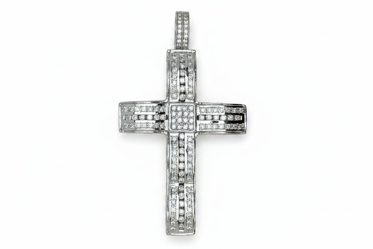14 KT WHITE GOLD WAVE CROSS DIAMOND PENDANT MEN - 5.78 CT
