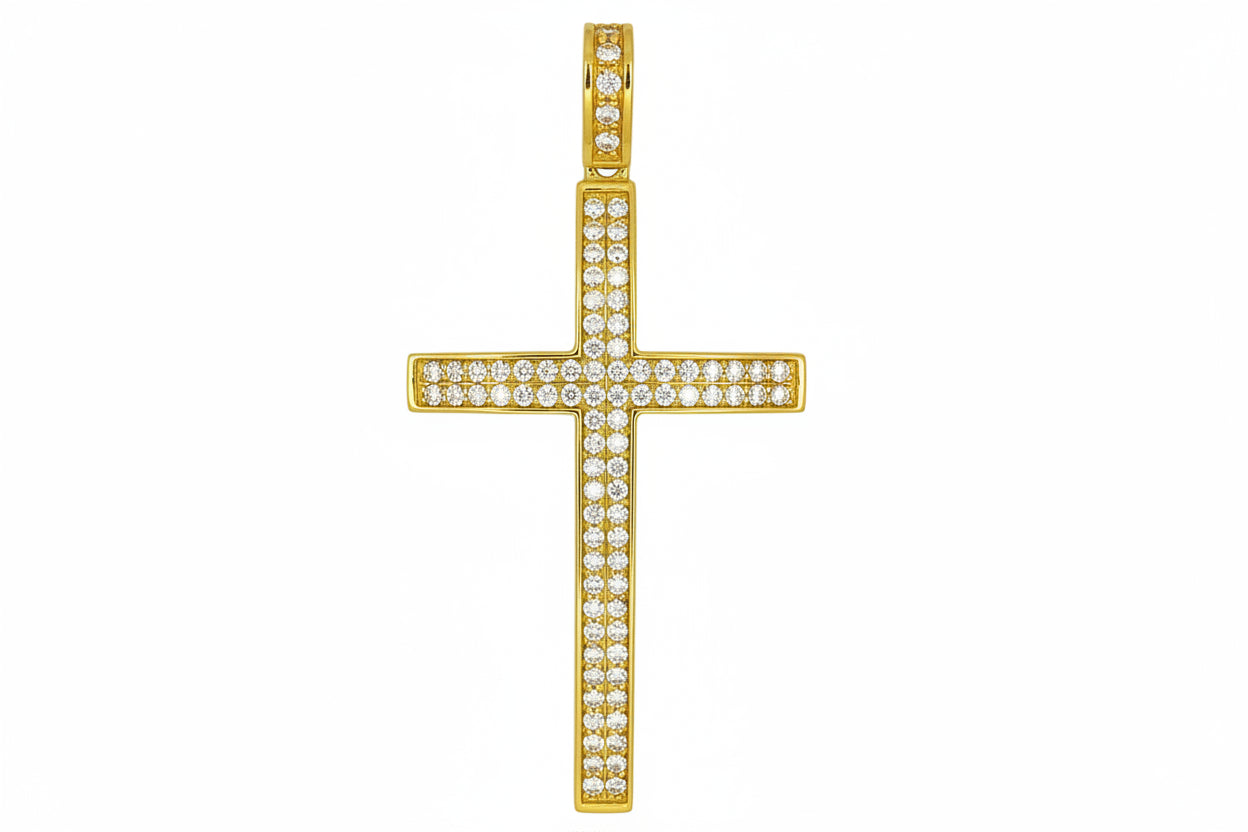 14 KT YELLOW GOLD - BEAUTIFUL ROUND DIAMOND CROSS PENDANT- 3.26 CT