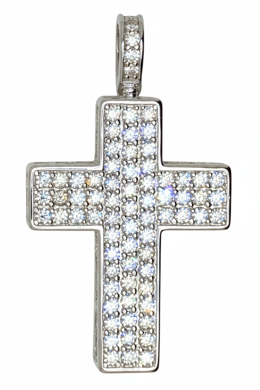 14 KT WHITE GOLD - ROUND DIAMOND CROSS PENDANT MEN - 7.48 CT