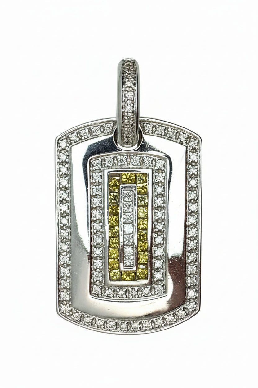 14 KT - WHITE GOLD MEN DIAMOND DOG TAG PENDANT - 2.78 CT