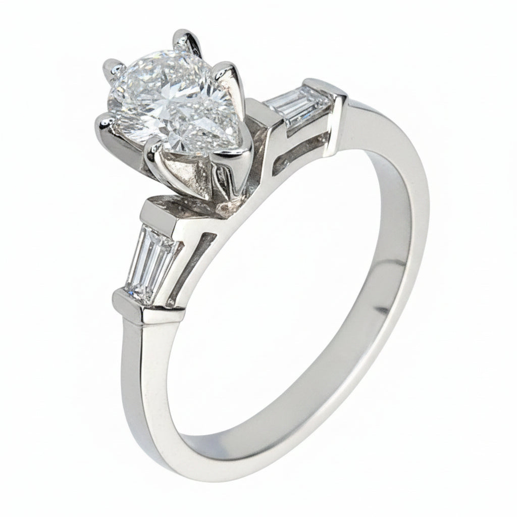 14 KT WHITE GOLD GORGEOUS PEAR DIAMOND ENGAGEMENT RING - 1.2 CT