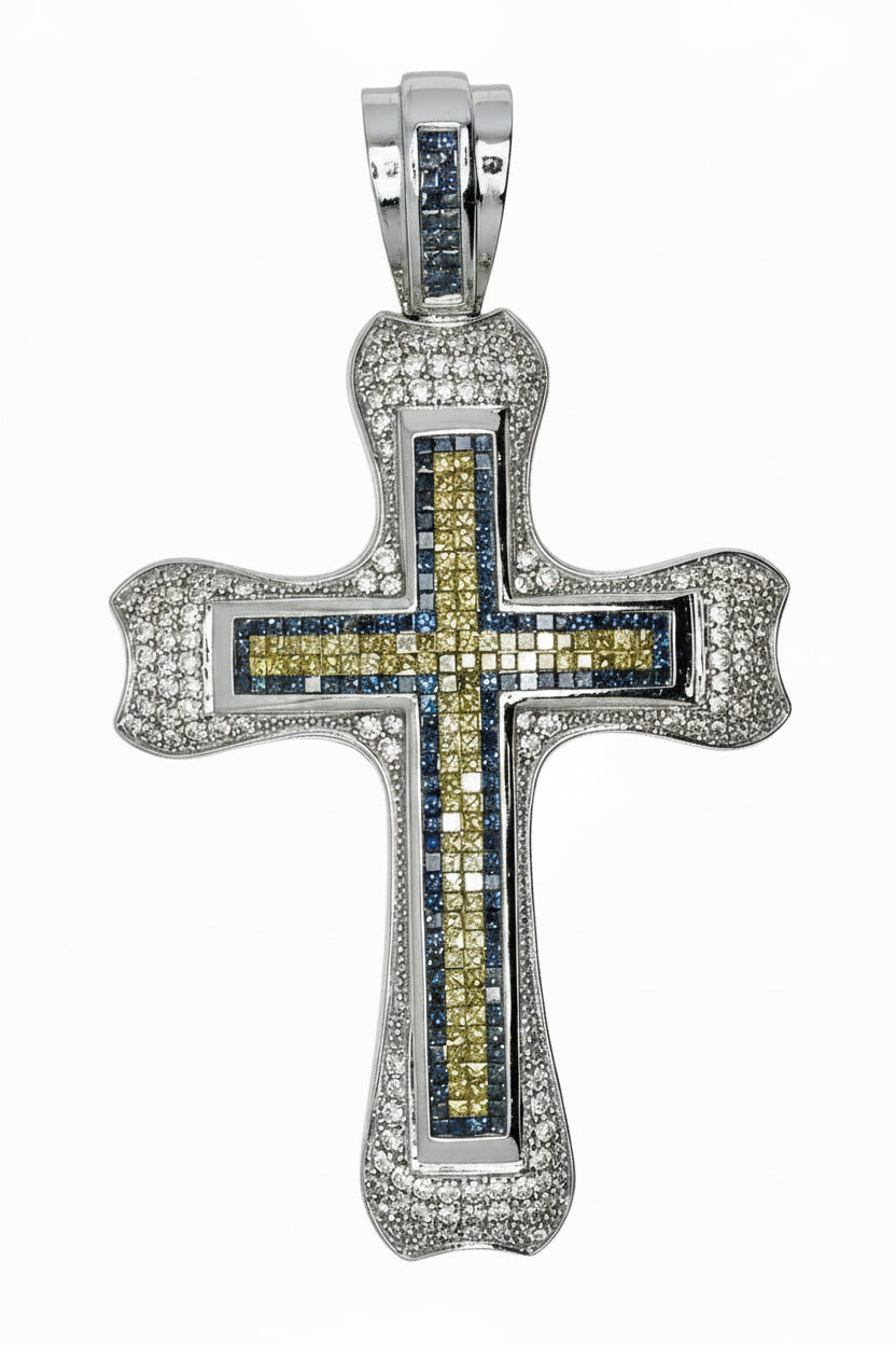 14 KT - WHITE GOLD MEN DIAMOND CROSS PENDANT - 5.62 CT