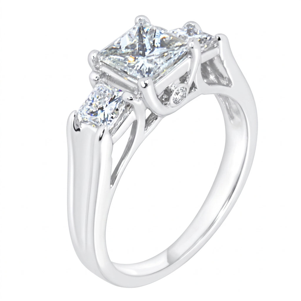 14 KT WHITE GOLD PRINCESS DIAMOND 3 STONES ENGAGEMENT RING - 1.54 CT