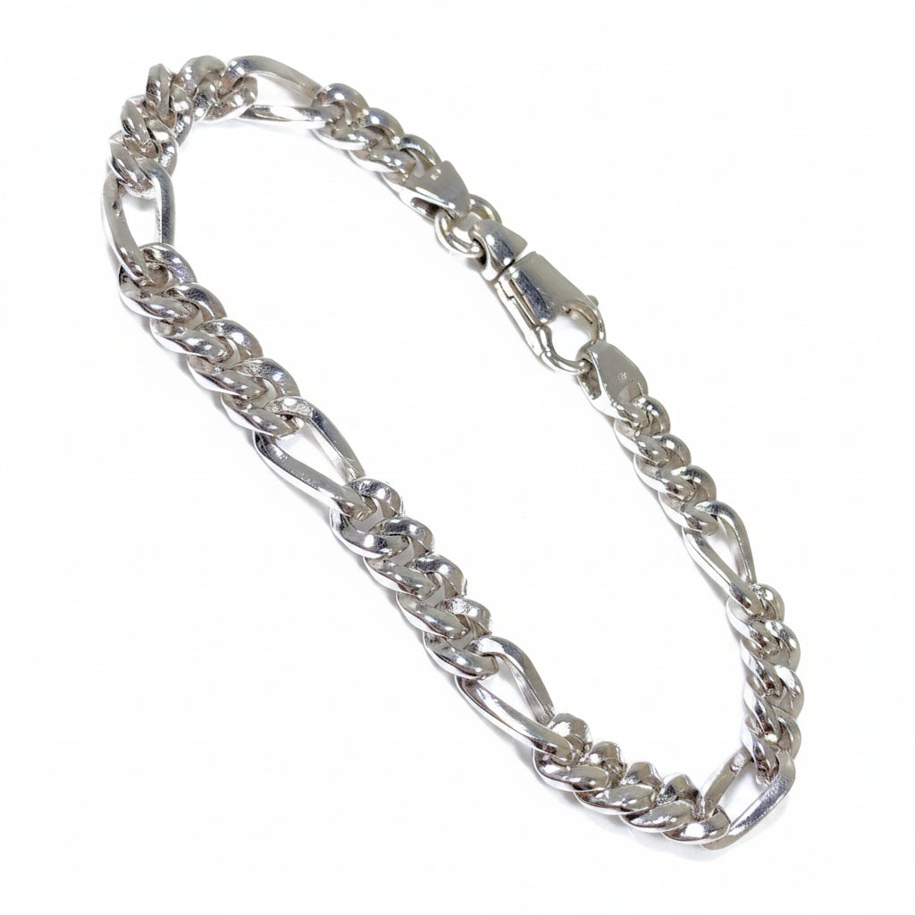 14K White Gold Figaro Style Men Bracelet 8.5" 7mm