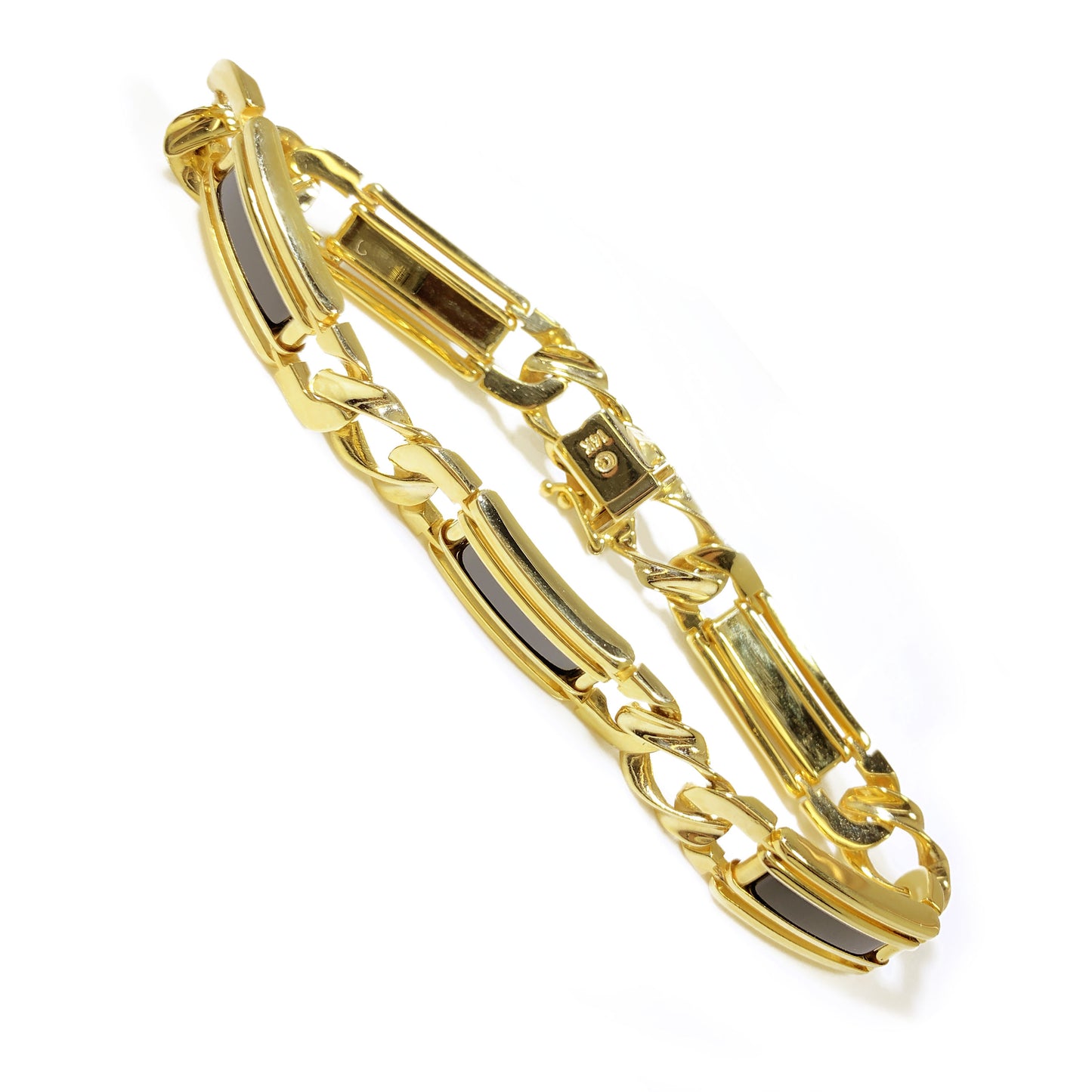 14K Yellow Gold Classic Style Men Bracelet With Onyx 8.5" 10.6mm