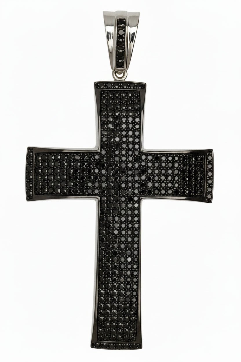 10 KT WHITE GOLD - BLACK & WHITE ROUND DIAMOND CROSS PENDANT MEN - 13.07 CT
