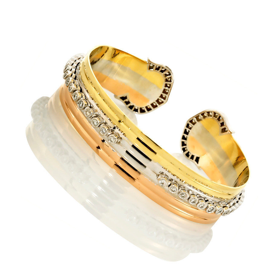 18K Tri Color Gold Women’s Diamond Cuff Bangle Bracelet 2.56 Ctw