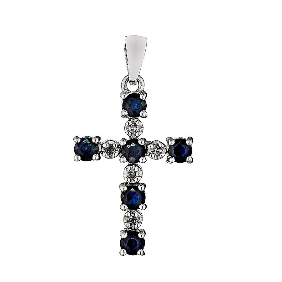 14K White Gold Diamond and Sapphire Cross Pendant 0.05 Ctw