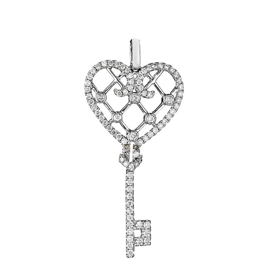14K White Gold Diamond Key To The Heart Pendant 0.89 Ctw