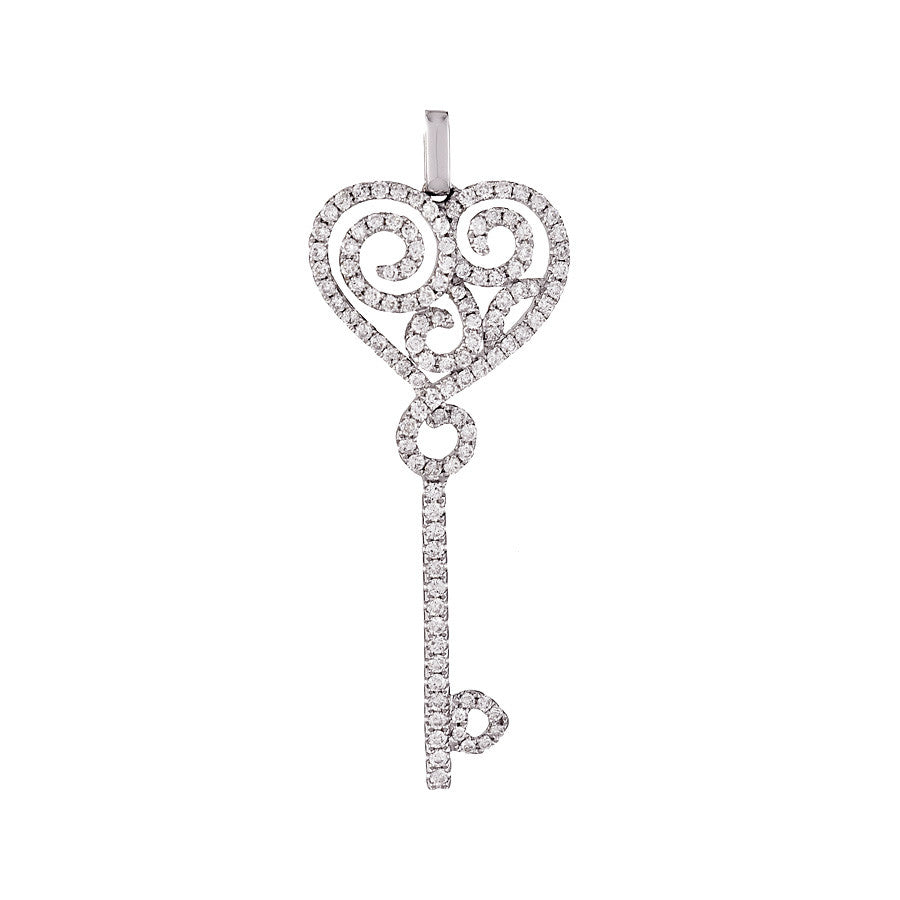 14K White Gold Womens Diamond Key to the Heart Pendant 0.92 Ctw