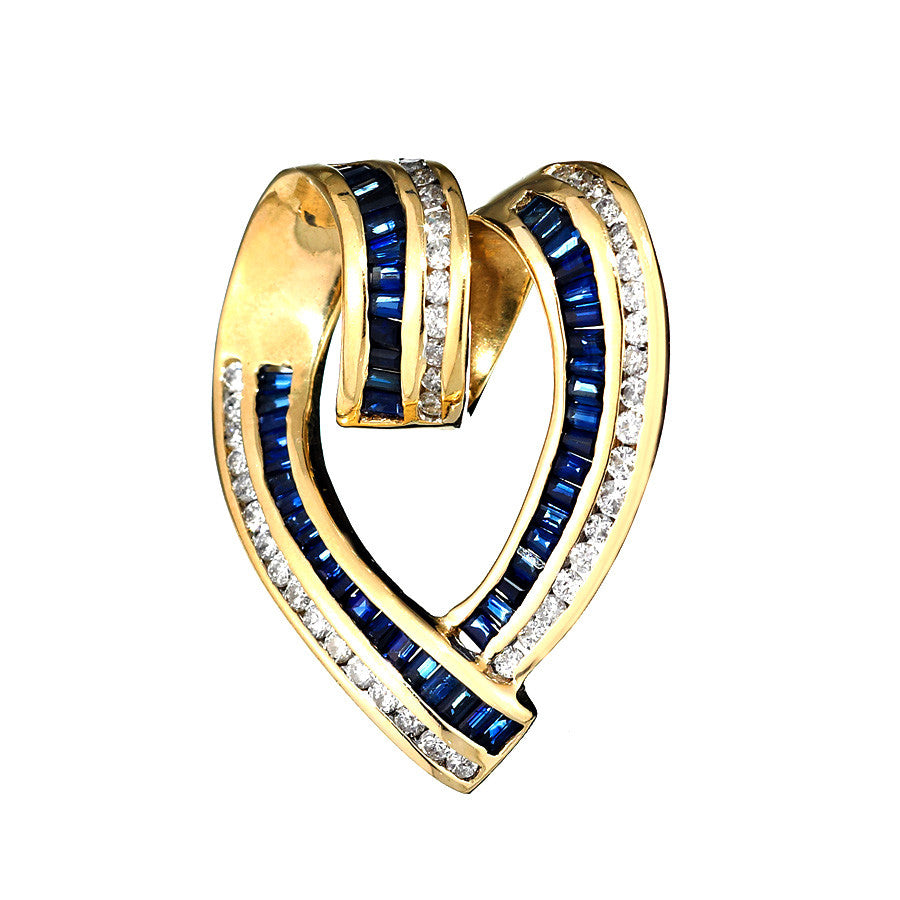 14K Yellow Gold Womens Diamond and Sapphire Heart Pendant 1.89 Ctw