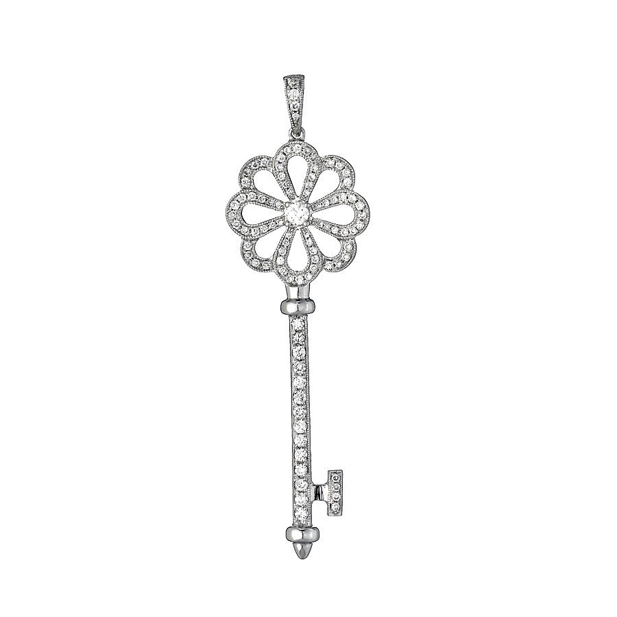 18K White Gold Womens Diamond Key to the Heart Pendant 0.85 Ctw