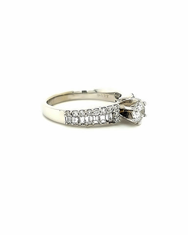 14KT WHITE GOLD ROUND AND BAGUETTE ENGAGEMENT RING