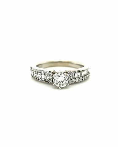 14KT WHITE GOLD ROUND AND BAGUETTE ENGAGEMENT RING