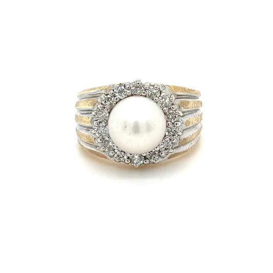 14KT YELLOW GOLD PEARL AND DIAMOND LADIES RING