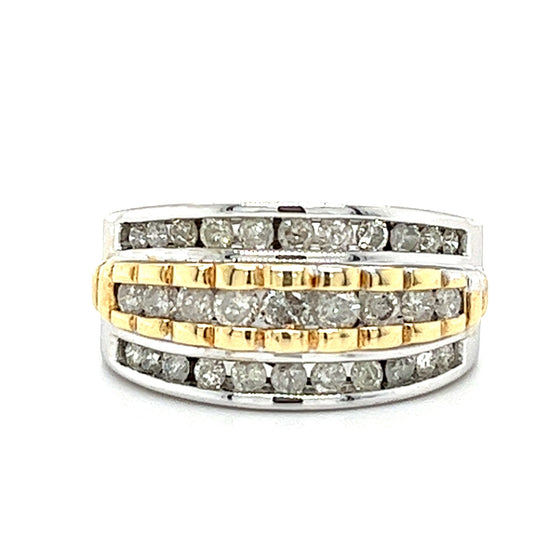 14KT TWO TONE GOLD 3 DIAMOND ROW LADIES BAND