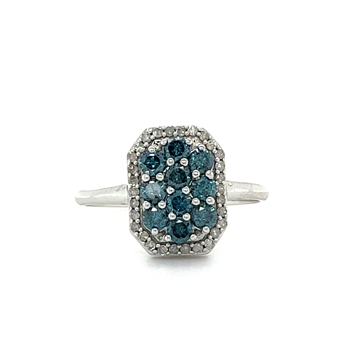 14KT WHITE GOLD BLUE DIAMONDS CLUSTER LADIES RING